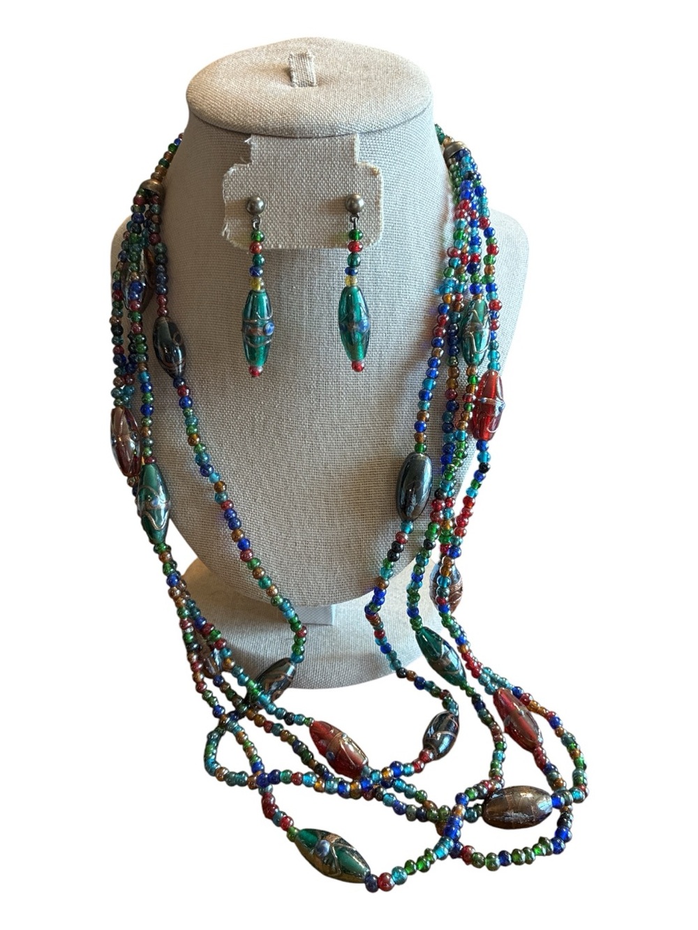 Multicolor Venitian Glass Beaded Multi Strand Necklace and Earring Set